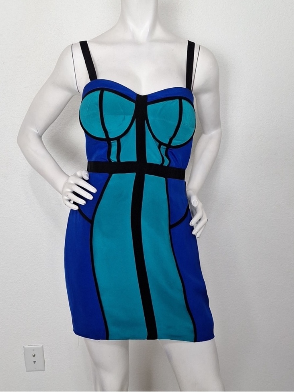 Rebecca Minkoff Blue & Black Colorblock 100% Silk Y2K Bodycon Mini Dress Size 4